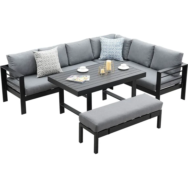 MeXo Gartenlounge-Set Aluminium Gartenmöbel Set, (Garten-Essgruppe, 5-tlg, 3 x Ecksofas, 1 x Gartenbank, 1 x Esstisch 130 x 80 x 67,5 cm), wetterfeste Ecklounge, Terrassenmöbel Set für 8 Personen