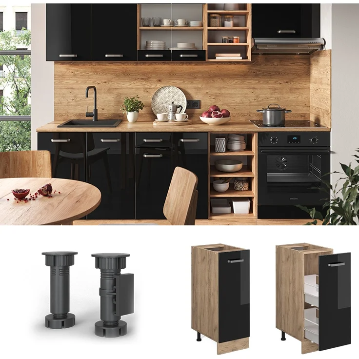 Apothekerschrank R-Line Schwarz Hochglanz 30 cm ohne Arbeitsplatte Vicco – Bild 2