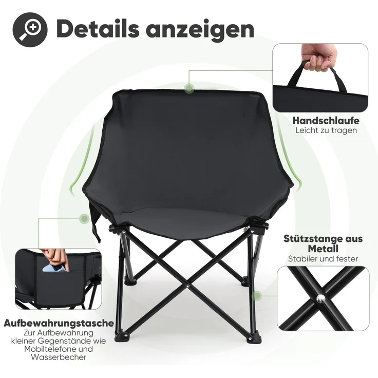 Sunula Campingstuhl Faltbar Angelstuhl Klappsessel mit Tragetasche für Garten, mit Tragetasche, Klappstuhl bis max. 100 kg, Anthrazit – Bild 4