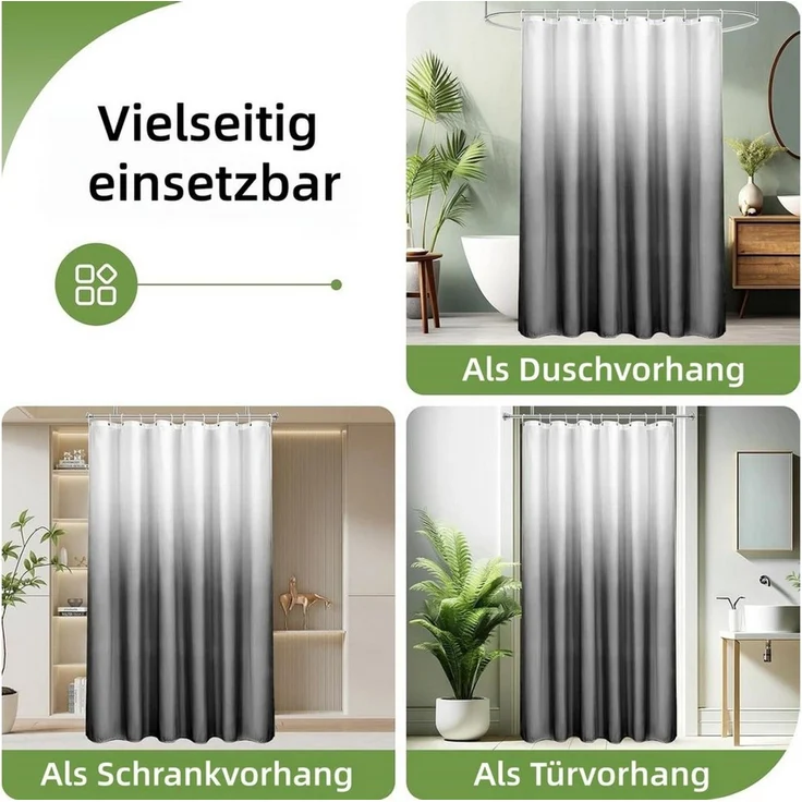 FOUORTUNATE-BEE Duschvorhang Duschvorhang Grau mit Farbverlauf, wasserabweisend, inkl. Ringe Breite 180 cm, Dusch- und Badewannenvorhang, pflegeleicht, mit Aufhängeringen – Bild 2