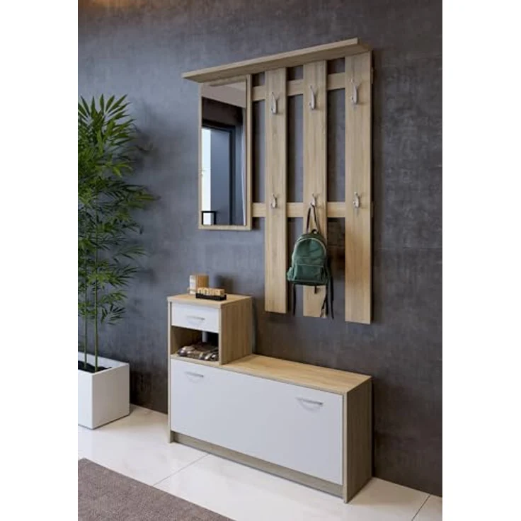 Dmora - Eingangsmöbel Clint, Moderner Eingangsbereich mit Spiegel, Schrank mit Schuhregal, Multifunktionsschrank, 100x25h180 cm, Weiß und Braun – Bild 5