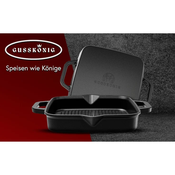 Grill-Feuerpfanne 26 cm Gusseisen – mit 2 Henkeln, Grillrost-Struktur, Ringreiniger & Rezeptheft, induktionsgeeignet & eingebrannt – Bild 5