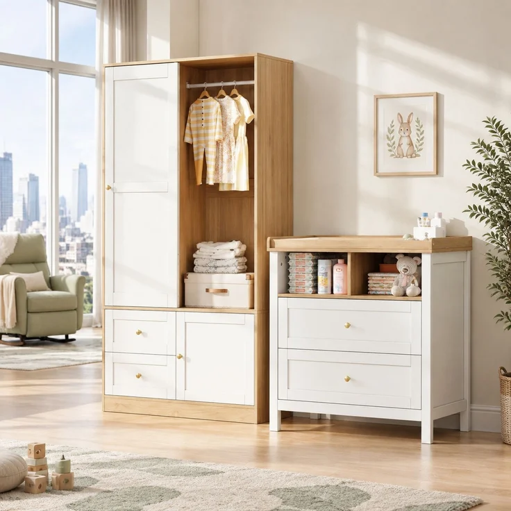 CHICFURN Kleiderschrank-Wickeltisch-Set mit Schiebetüren, Schubladen und abnehmbarem Schutzgitter Natur+Weiß 90x50x180 cm – Bild 2