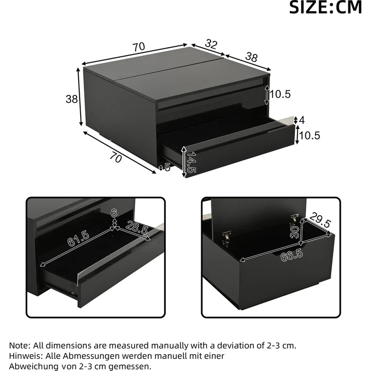Couchtisch mit Liftfunktion und LED, quadratischer Wohnzimmertisch 70 x 70 x 38 cm, schwarz Hochglanz, Acryl-Perspektivdesign – Bild 10