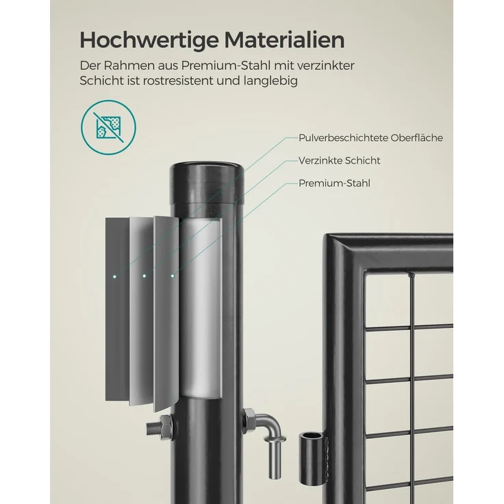 Songmics Gartentor, Gartentür, verzinkter Stahl, abschließbar, Tür 106x100 cm (B x H), rundes Rohr, grau – Bild 4