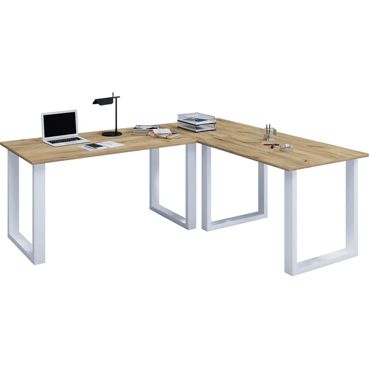 VCM Schreibtisch Lona 919707 Silber / Honig-Eiche H. 76 x B. 190 x T. 160 cm