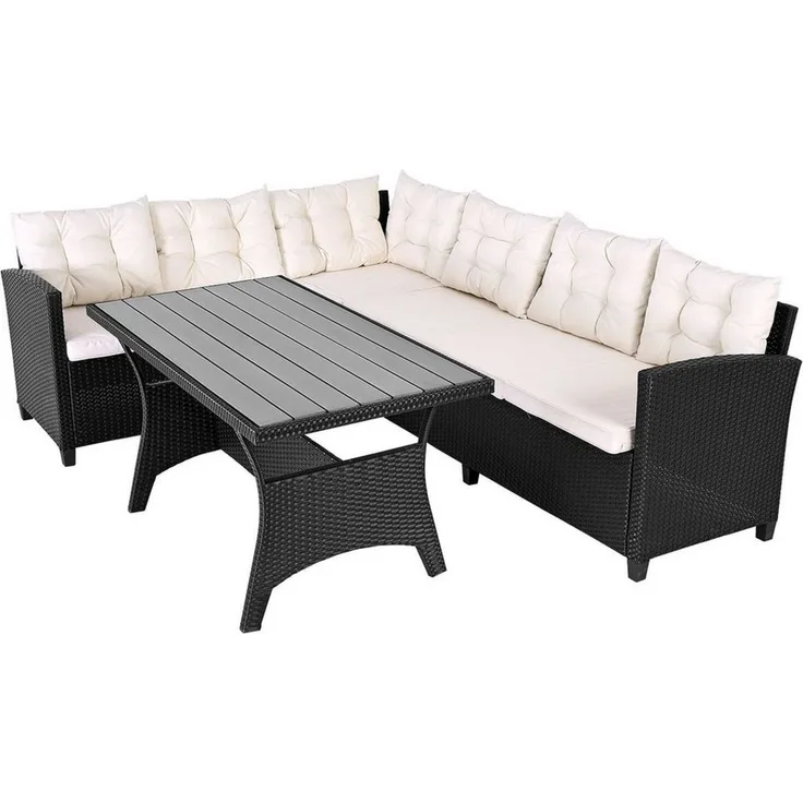 Casaria Gartenlounge-Set Lissabon, Polyrattan WPC Esstisch Eckbank 15cm Kissen 7cm Auflagen Wetterfest