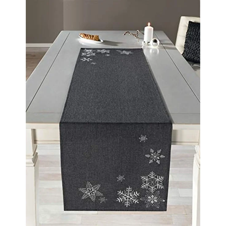 Tischläufer in edlem grau mit Stickerei "Eiskristall" in silber, 40x140 cm – Bild 2