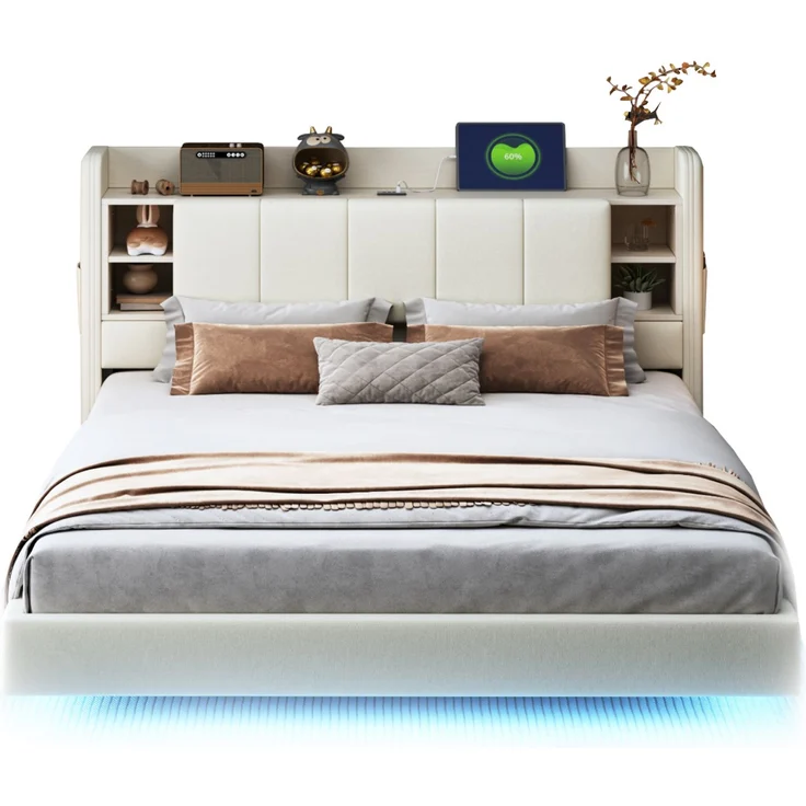 EINHOM Polsterbett 160 x 200 cm, mit USB-Steckdose und Lichtleiste, Wendbares Kopfteil mit Ablagefächern und Einlegeböden mit Kleinen Ablagefächern, Stabiler Metallrahmen, Leinenstoff, Doppelbett Beige, (Ohne Matratze) – Bild 7