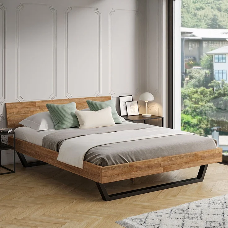 skølm 'Alver' Bett 160x200 cm, Bettgestell, natur geölt, Massivholzbett aus Eiche mit Metallkufen, Doppelbett mit durchgehendem Bettkopf – Bild 1