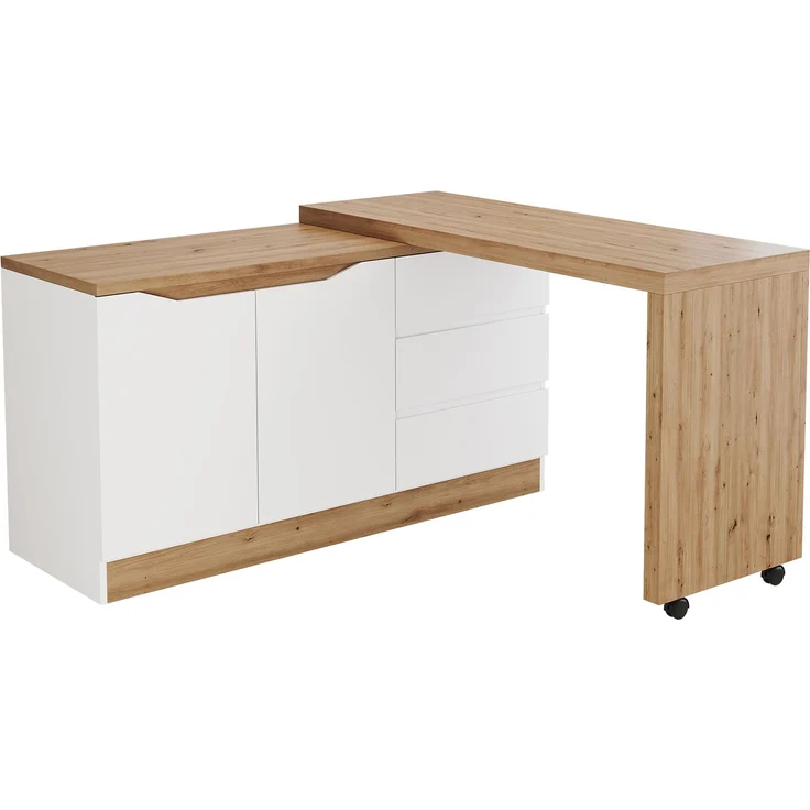 ZUBALIYA Schreibtisch mit feststellbaren Rollen – multifunktionales Design, 4 cm dickere, drehbare Tischplatte, fest arretierbar, weiß/Eiche, Faltbarer Schreibtisch, Eckschreibtisch, Sideboard,Dicke Materialie – Modell N880P4642134O – Bild 12