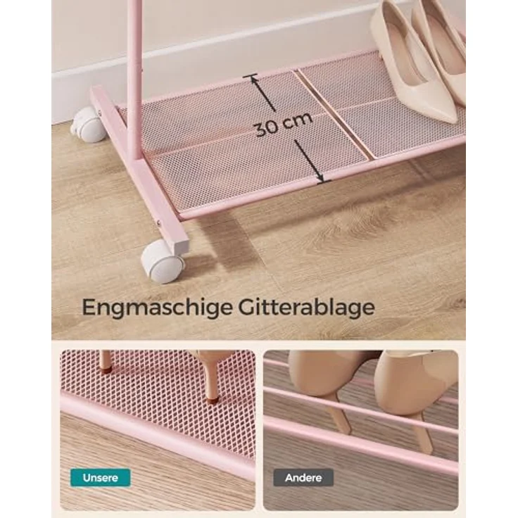 Songmics Kleiderständer, Kleiderstange auf Rollen, Garderobenständer 74 cm breit, Rollgarderobe mit Gitterablage, bis 35 kg belastbar, 2 Rollen arretierbar, Stahlrahmen, pastellrosa HSR130R01 – Bild 5