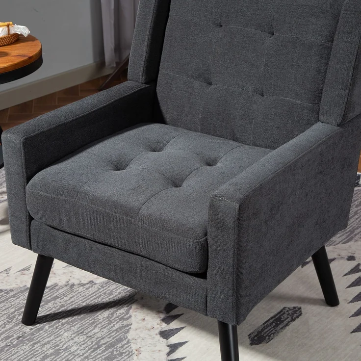 LVHOM Sessel aus Leinenstoff mit Knopfsteppung, Relaxsessel mit Massivholzbeinen, Polstersessel für Wohnzimmer & Büro, bis 130kg, Dunkelgrau – Bild 4
