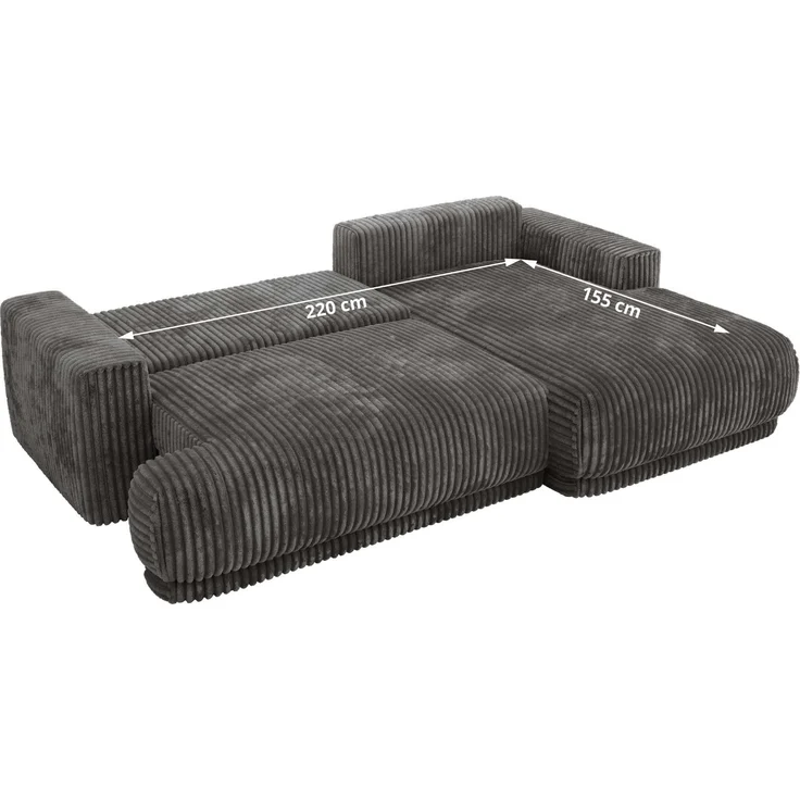 RINA L Design Ecksofa, Schlaffunktion & Stauraum, DL-System, Wellenfedern, Liegefläche 220x155 cm, freistehendes Polstersofa, Schlafcouch - Grau Cord - Links Seite – Bild 7