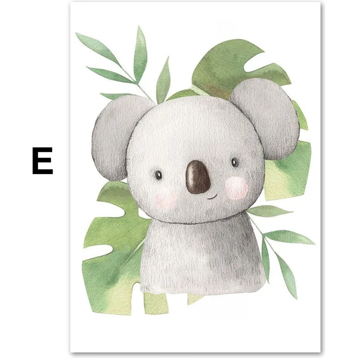 Poster Kinder süße Tiere mit Grünem Blatt Pandabär Giraffe Elefant Löwe Zebra Affe und Tiger als Deko Print ohne Rahmen - E / 40 x 60 cm