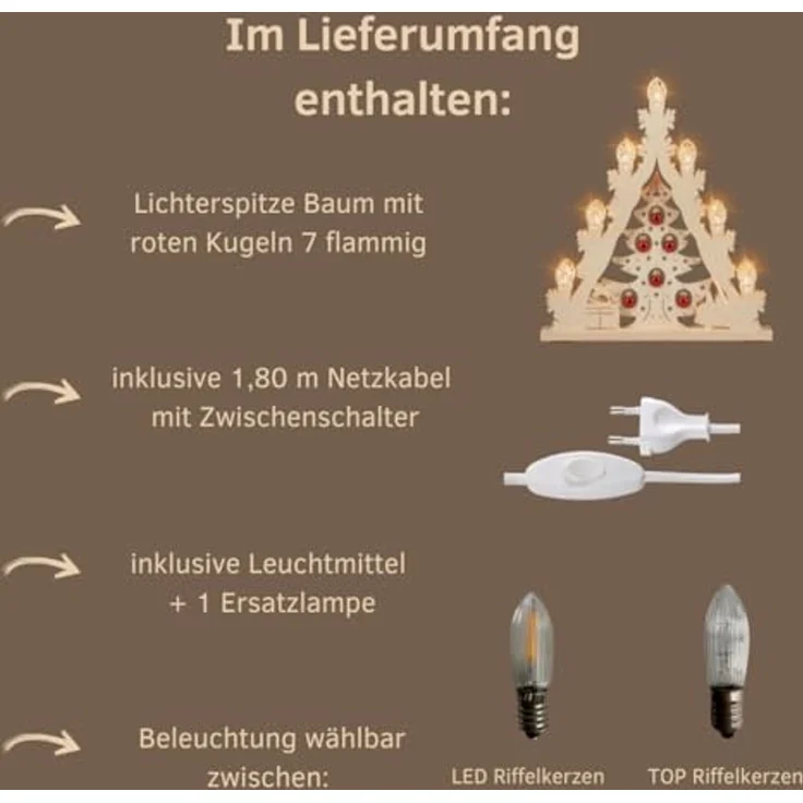 Weigla LED Lichterbogen Weihnachtsbaum mit Kugeln, Made in Germany (1-tlg), Lichterspitze, 7-flammig – Bild 3