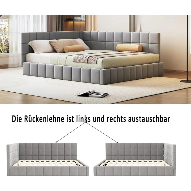 SOFTWEARY Polsterbett mit Lattenrost und gepolstertem Kopfteil (160x200 cm), Doppelbett, Samt – Bild 5