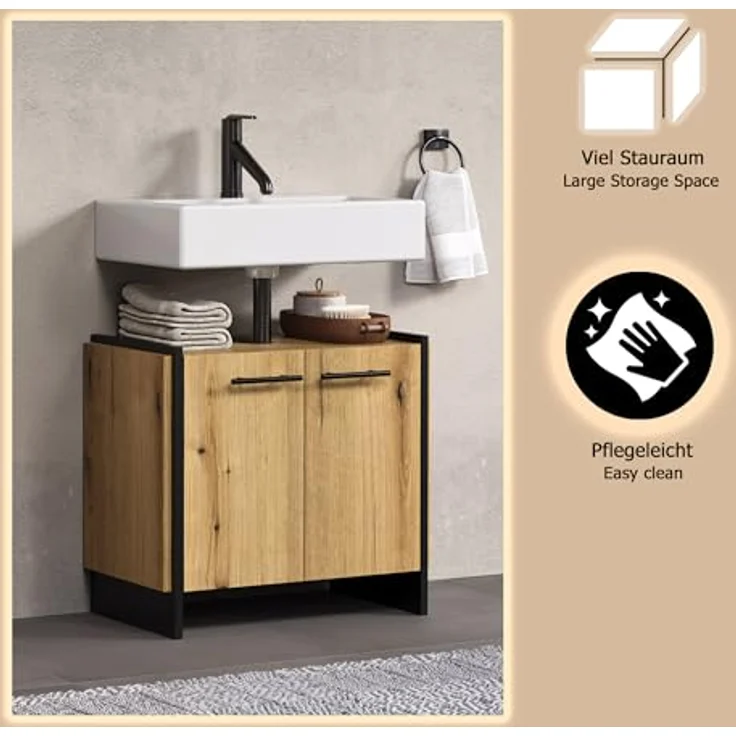 trendteam smart living - Safiya - Waschbeckenunterschrank - Eiche/Schwarz - Waschtisch mit 2 Türen und 1 Einlegeboden - (BxHxT) 60 x 56 x 34 cm - Schwarze Metallgriffe – Bild 7