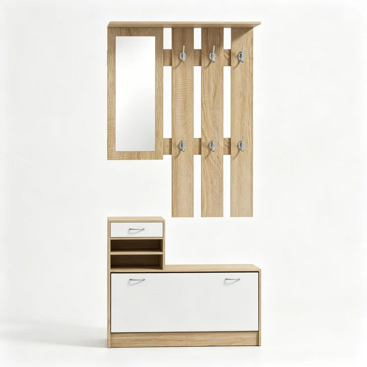 Flur Garderobenmöbel mit Kleiderhaken-Paneel, Spiegel und Schuhbank, 6 Haken und verstellbares Regalbrett(nur mit Flur Garderobenmöbel)--Natur, Weiß--90x10x91cm--YOUDENOVA – Bild 6