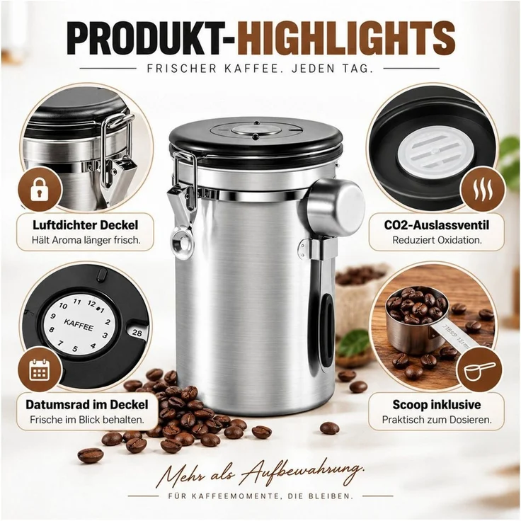 LEMLIT Kaffeedose 1,8 L Kaffeebehälter Edelstahl Luftdicht, Kaffeedose Für Bohnen, 304 Edelstahl, (1er Set, 1-tlg, Produktmaße: 18,6 x 11,8 x 11,8 cm), Mit CO₂-Ventil, Datumsanzeige Und Messlöffel – Bild 3