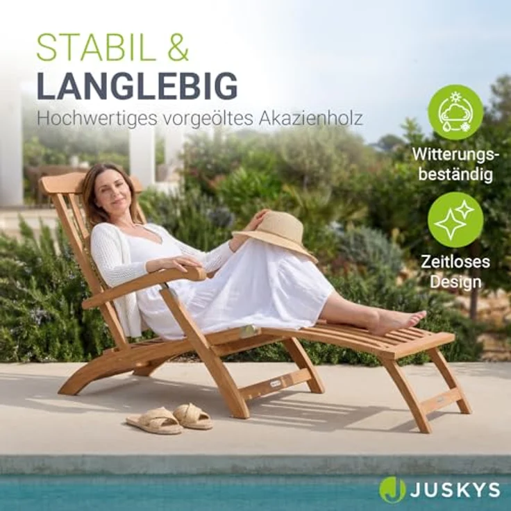 Juskys Gartenliege Evia, klappbar aus geöltem Akazienholz, 4-fach verstellbare Rückenlehne, Natur – Bild 3
