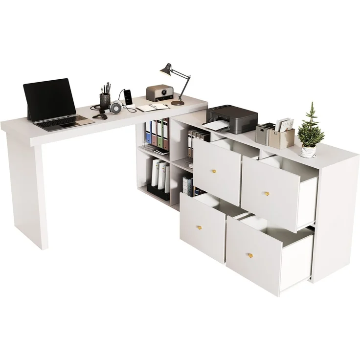 Schreibtisch aus MDF, 360° drehbar mit Stauraum, 120x48x78 cm, Weiß – Bild 7