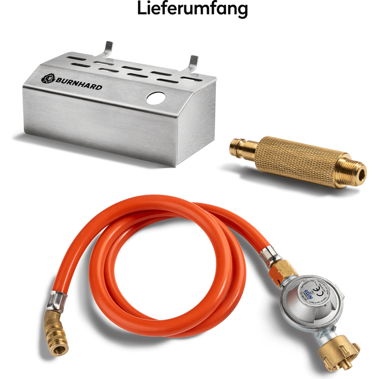 BURNHARD® Gasflaschen Adapter für Gasgrill JONES Jr, für 5, 8 und 11 kg Gasflaschen, inkl. 1,5 bar Druckminderer, Orange, 6,3x10,5 cm – Bild 4