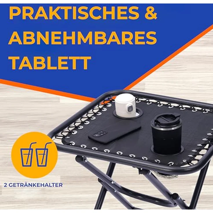 SereneLife Sonnenliege Wetterfest, Gartenliege Wetterfest zum Liegen, Loungesessel Verstellbar für Balkon, Garten, Terrasse & Camping mit Tisch, Kopfkissen & Getränkehalter, Deckchair, Gartenstuhl – Bild 5