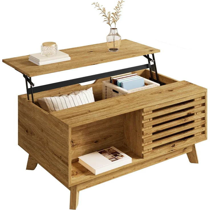 Couchtisch Modern Retro, höhenverstellbare Tischplatte, verschiebbare Jalousietür, Holz-Optik, MDF-Korpus, multifunktionaler Wohnzimmertisch--Natürlich--90x55x57.5cm--YOUDENOVA – Bild 3
