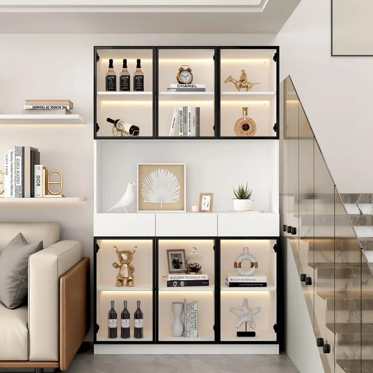 Glasschrank Tür 200cm hoch Weißer Vitrinenschrank mit LED Lichtern, Multi Storage Bücherregal für Sammlung Schlafzimmer Wohnzimmer Büro, Weiß - Schwarzer Türrahmen--Weiß--120x36x200cm--YOUDENOVA – Bild 3