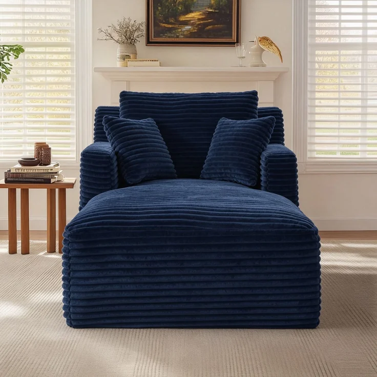 Chaiselongue mit Cordstoff, vakuumkomprimierter Relaxsessel mit Taschenfederkern und hochdichtem Schaumstoff, keine Montage erforderlich, bequemer Loungesessel für Wohnzimmer--Antikblau--100x166x127cm--YOUDENOVA – Bild 2