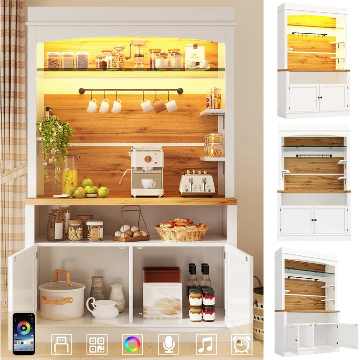 Set mit 2 Hochschränken mit LED-Beleuchtung, 184cm hoher Buffetschrank mit Glasregal & Hakenleiste, Weiß, belastbar bis 60kg--Weiß--107x34x184cm--YOUDENOVA – Bild 5