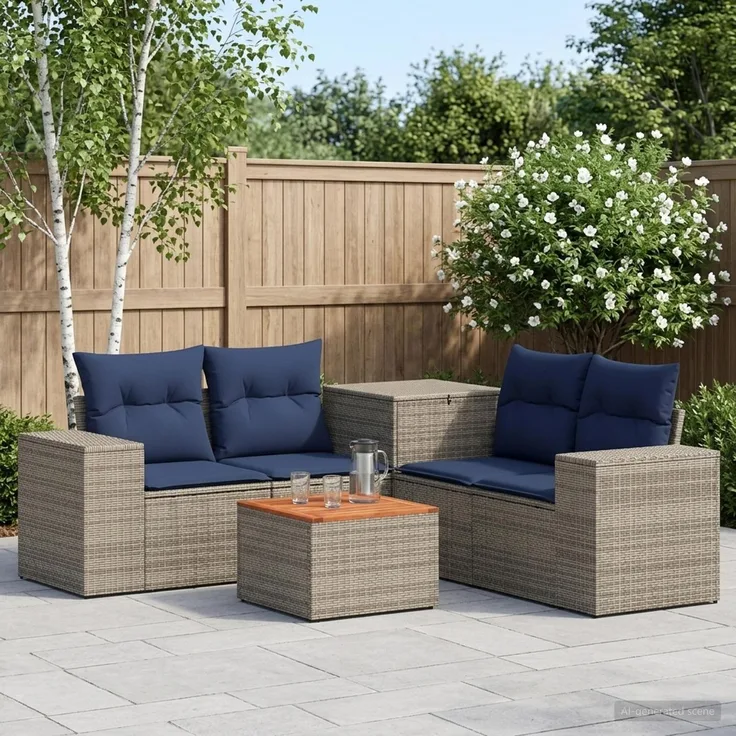 vidaXL Sofa Set 6 stk. Grau und Marineblau Polyrattan und Stahl 3447573