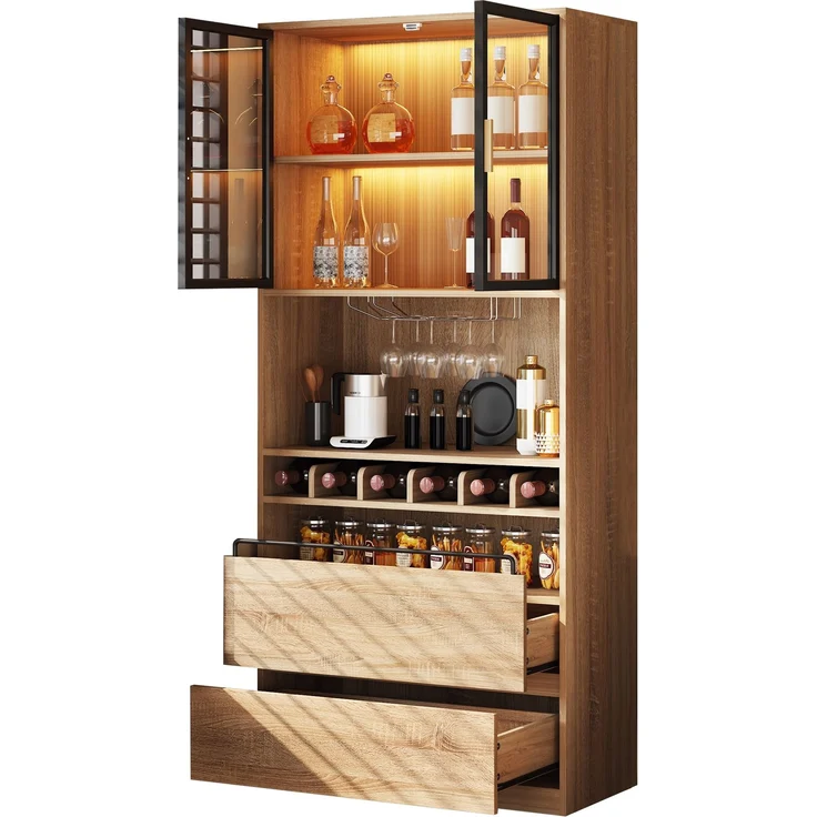 Badezimmerschrank,Spirituosenschrank,Vitrine Vitrinenschrank mit Glastüren und Beleuchtung 180 CM--Natürlich1--80x40x180cm--YOUDENOVA – Bild 3