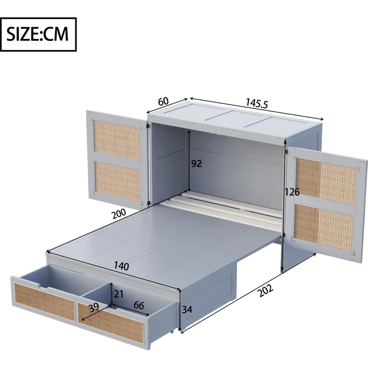 CHICFURN Bett 140x200 cm aus Holz Grau mit Klappfunktion und Stauraum – Bild 10
