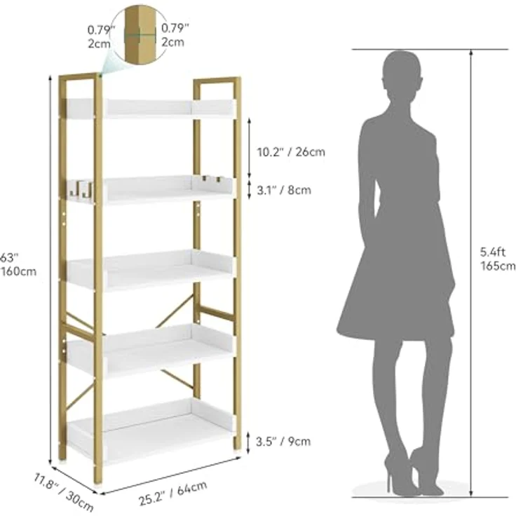 YITAHOME Bücherregal 5 Etagen, Bodenstehendes Bücherregal, Holzregal und stabiles Stahlrahmenregal mit 4 Haken Industrielles Lagerregal für Wohnzimmer, Heimbüro, Golden – Bild 3