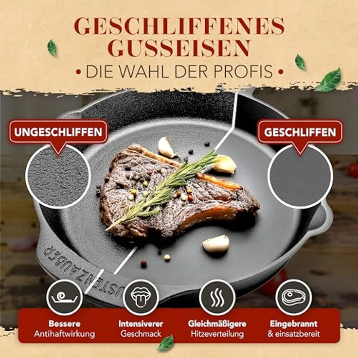 Krustenzauber Bratpfanne Gusseisenpfanne Induktion - Fein Geschliffene Gusseisen Pfanne, (Ideale Grillpfanne Induktion, Eisenpfanne, Cast Iron Pan, Bratpfanne, Gusseiserne Pfanne Skillet Gusspfann) – Bild 6