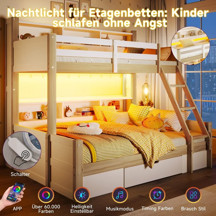 Etagenbett mit 2 Liegeflächen, LED-Beleuchtung, Schubladen, Regal, Rausfallschutz, Lattenrost, 90x200cm/140x200cm, Kinderbett, Massivholz – Bild 4