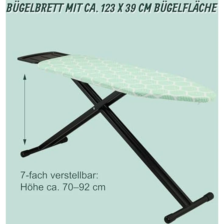 Relaxdays Bügelbrett für Dampfbügeleisen, höhenverstellbar und klappbar, 123 x 39 cm, grün/schwarz, mit Ablage und hitzebeständigem Bezug – Bild 6