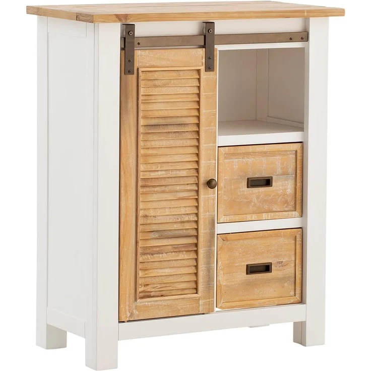 Hochkommode Capera 85x102x42cm aus Massivholz weiß braun rustikal mit Scheunentor-Schiebetür Stauraum für Wohnzimmer Esszimmer massivum – Bild 1