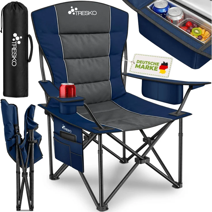 TRESKO® Campingstuhl Faltbar bis 200kg | Faltstuhl mit Kühltasche, Getränkehalter & Seitentasche | Klappstuhl XXL inkl. Tragetasche | Angelstuhl gepolstert für Outdoor, Angeln, Festival & Garten – Bild 1