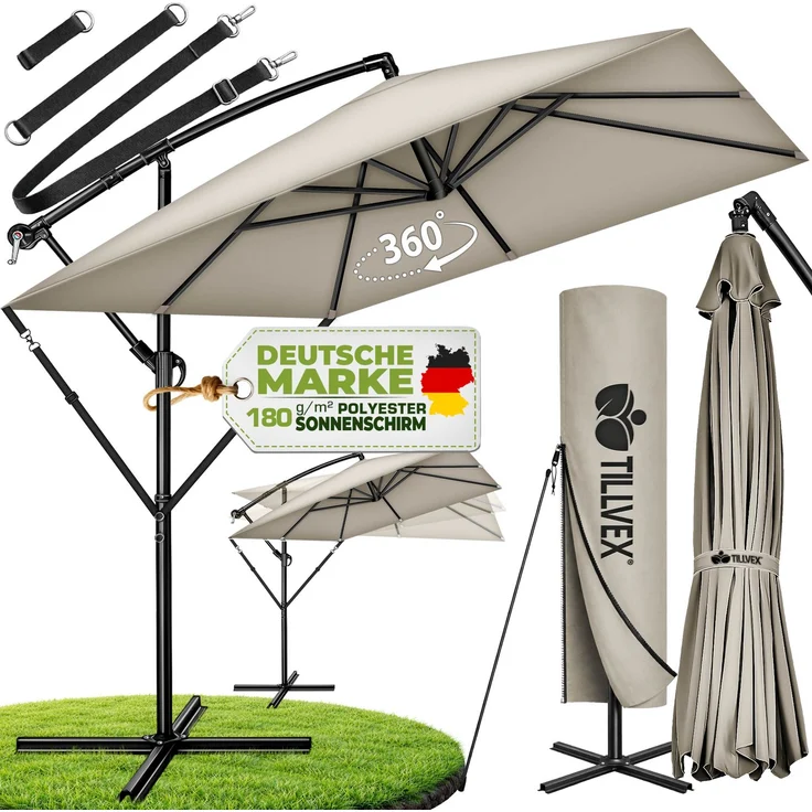 tillvex® Alu Sonnenschirm Rechteckig Ø 330 cm Taupe + Abdeckung mit Kurbel | Ampelschirm Eckig mit Ständer & Windschutz | Gartenschirm UV-Schutz Aluminium | Kurbelschirm Marktschirm wasserdicht 360° drehbar – Bild 1