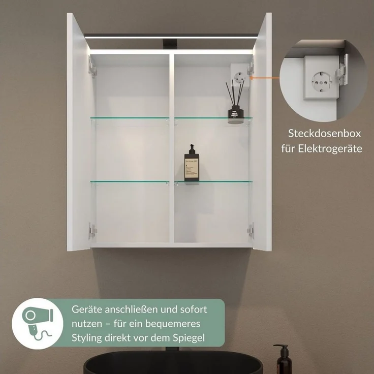Planetmöbel Badezimmerspiegelschrank Spiegelschrank ARIA (Spiegelschrank Bad mit Beleuchtung und Steckdose, Badschrank mit Spiegel hängend) – Bild 2