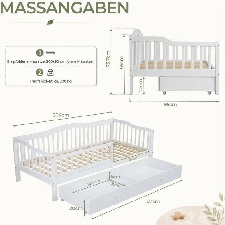 LEADZM Kinderbett mit Schubladen 70x140 / 80x160 / 90x200cm, Hausbett mit Lattenrost, Bodenbett mit Stauraum und Abnehmbarer Barriere, Weiß – Bild 2