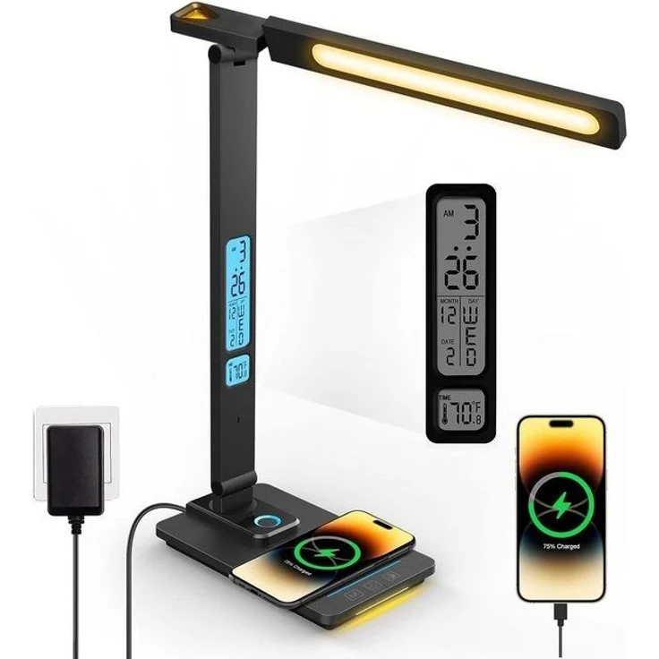 Forrlite LED Schreibtischlampe LED fest integriert LED Tischlampe Dimmbar, kabelloses Laden, USB-Ladefunktion, 3 Farbtemperaturmodi und 5 Helligkeitsstufen, Temperatur-, Alarm- & Kalenderfunktion – Bild 4