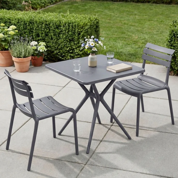 Gartenmöbel-Set KLARA mit 2 Stühlen - 190 x 72 x 82 cm, Kunststoff, Dunkelgrau | Balkonset Gartenset Tisch mit Stühlen Bistroset Outdoor – Bild 4