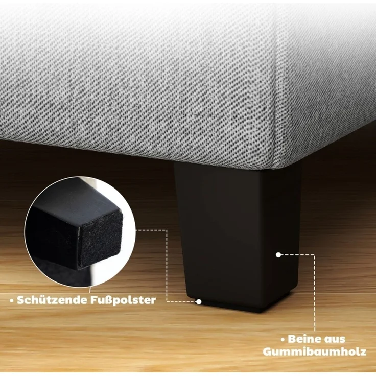 Fußhocker mit Leinenbezug, Seitentasche und Holzbeinen, 35x35x35 cm, Hellgrau – Bild 4