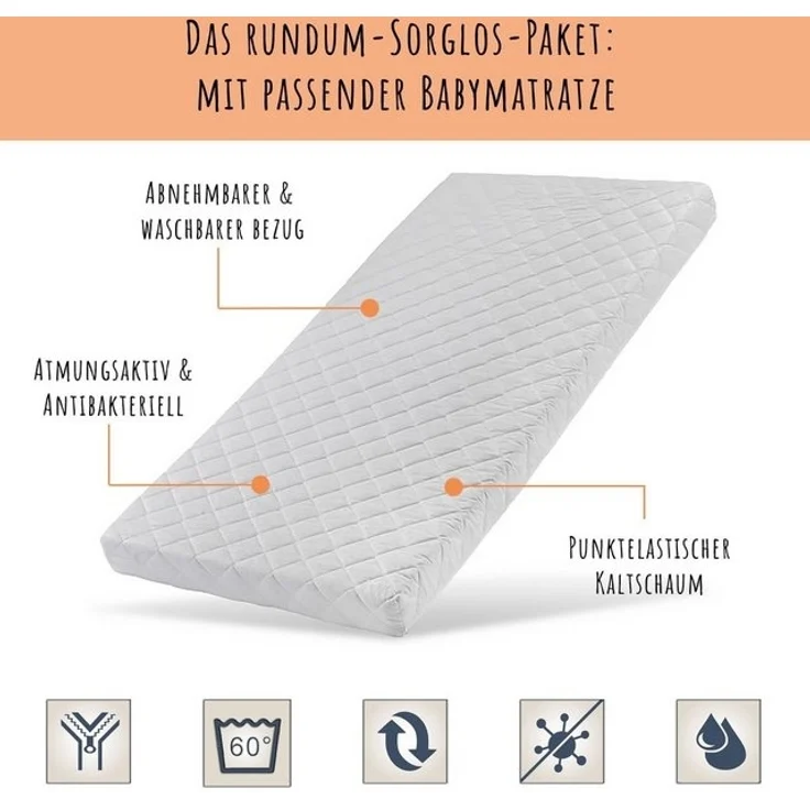 Kids Collective Babybett Kinderbett 70x140 cm umbaubares Gitterbett höhenverstellbar, herausnehmbare Sprossen, weiss Kiefer, mit Schublade und Matratze – Bild 4