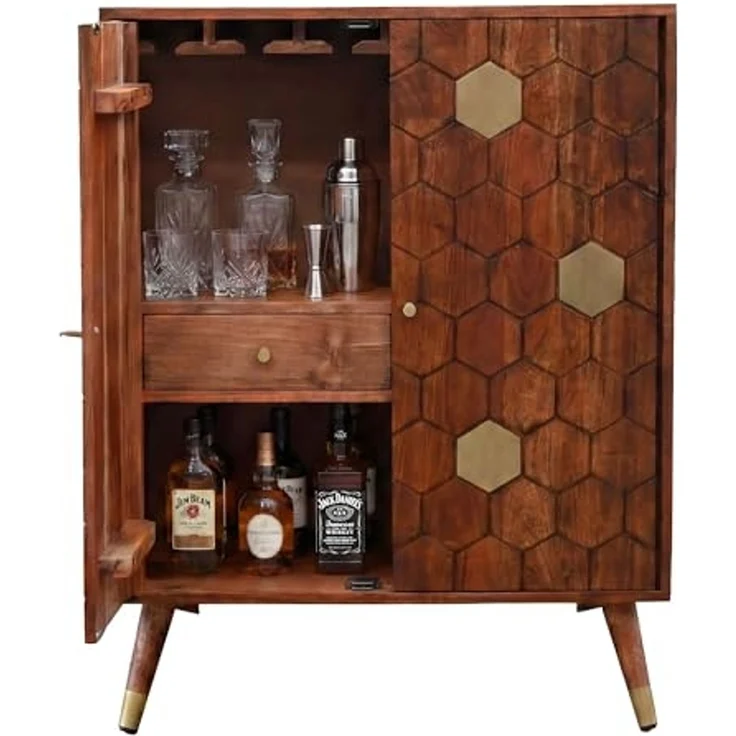 Barschrank Akazie Massivholz 75x96 cm Bar Möbel mit Waben Muster - Design Hausbar mit Türen - Weinschrank mit Glashalter - Getränkeschrank - Holz Bar Wohnzimmer Handmade – Bild 1
