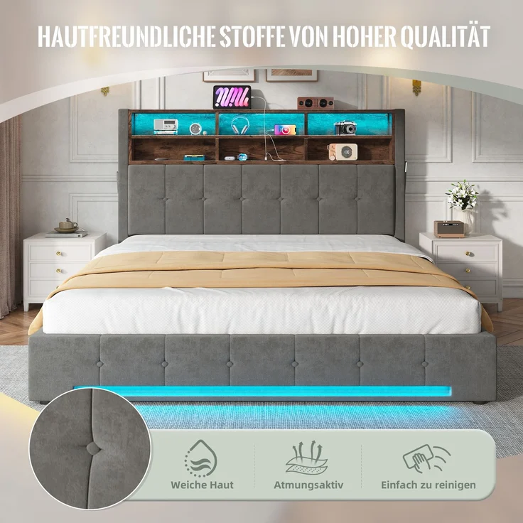 TavilaEcon Polsterbett mit Bettkasten und USB-C-Anschluss grau Liegefläche 180 × 200 cm – Bild 8